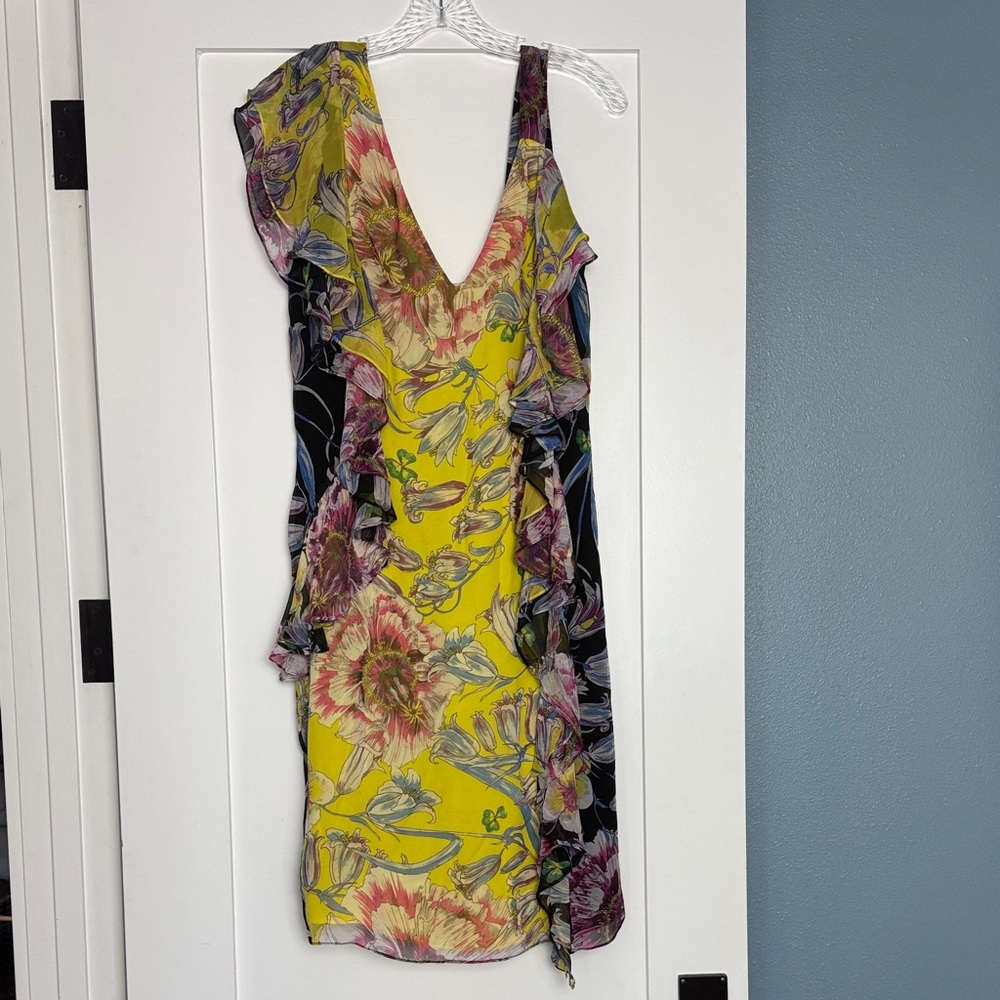 Prabal Gurung Yellow Floral V-Neck Ruffle Mini Dress